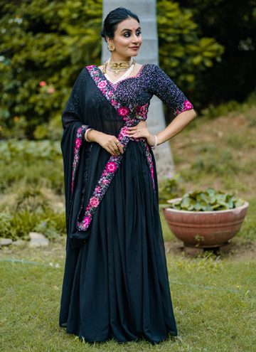 Interesting Thread Embroidered Georgette Black Lehenga Choli For Women